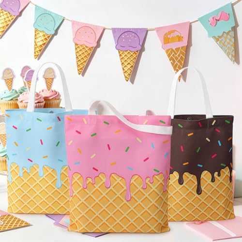 JATEBI 3 Pcs Ice Cream Canvas Tote Bag, Reusable Grocery Shopping Bag, Cute Shoulder Bag Gift for Ice Cream Lover Work Bea...