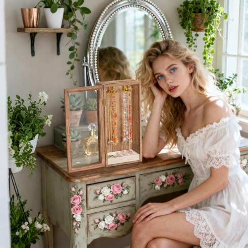 SINGLBA Necklace Holder Organizer, Wooden Jewelry Box for Women Girls, Rotatable Jewelry Organizer Case with Ring Tray Dis...