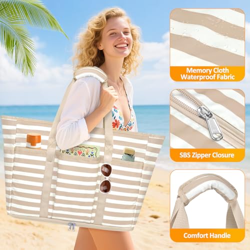 TEUEN Large Beach Bag with Zipper, 12 Pockets Waterproof Sandproof Pool Bag Womens Mesh Beach Tote Bag for Travel Vacation