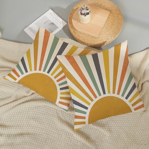 GOLIANDA Boho Pillow Covers 18x18 Set of 2 Stripes Colorful Yellow Sunshine Decorative Pillow Cases Summer Rainbow Sun Out...