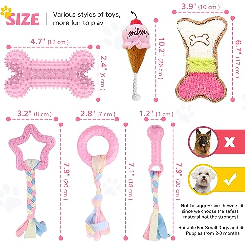 BAEJMJK 6 Pack Puppy Teething Toys Pink Small Breed Dog Chew Toys with Rope Cute Soft Rubber Puppy Toys Set for Cleaning T...