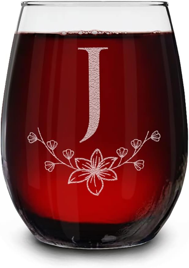 Floral Monogram Engraved Initial Letter Stemless Wine Glass 15 oz. Personalized Monogrammed Custom Gift (J)
