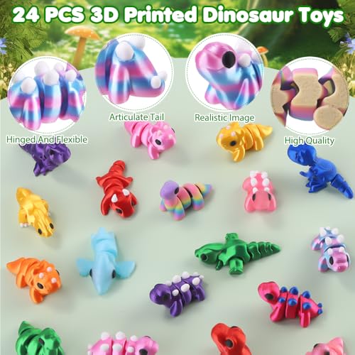 JOICEE 24 Pcs 3D Printed Dinosaur Animals Set, Mini Animals 3D Figurines Toys Set Cute Articulated Flexible Fidget Toys fo...