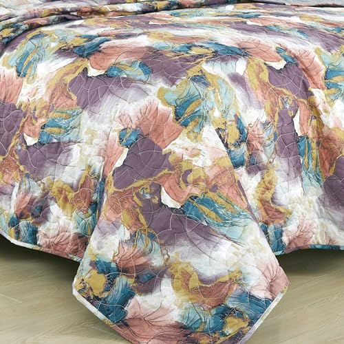 Chezmoi Collection Passion 3-Piece Floral Quilt Set Queen - Multicolor Purple Red Blue White Gray Yellow Waterbrush Printe...