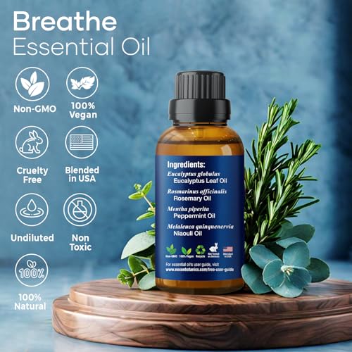 Breathe Essential Oil Blend 30 ml - Breath Sinus Relief with Menthol Oils - for Humidifiers, Diffusers, and Aromatherapy -...
