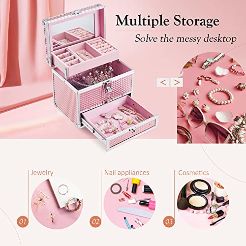 Hododou Girls Jewelry Box Organizer with Drawer & Mirror, Shiny Pink Style Lockable Storage Case for Kid or Little Girls J...