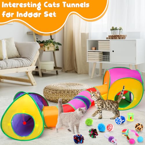 VercanMonth 21 Pcs Cat Tunnels for Indoor Set, 3 In1 Collapsible Cat Tunnel Toy with Cube Tent Toys Combo and 20 Pcs Inter...
