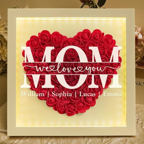 Custom Flower Shadow Box for Mom with Kids Names & Holding Hands, LED Light, Personalized for Mom Grandma from Daughter So...