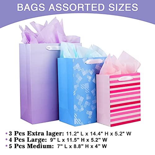 12 Pack Gift Bags Assorted Sizes and Designs, Gift Bags Bulk with Tissue Paper (5 Medium 8", 4 Large 11", 3 Extra Large 1...