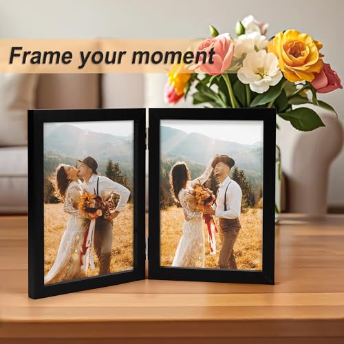 AEVETE 5x7 Picture Frames Double Hinged Wood Folding Photo Frames Vertical with Plexiglass Front, Black