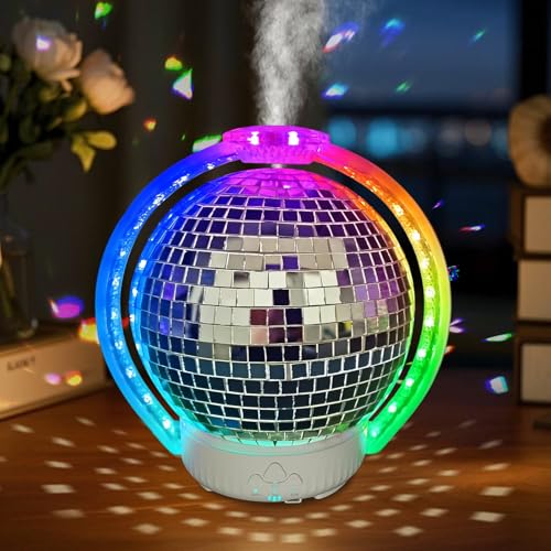 Rotating Disco Ball Diffuser, Mirror Ball Cute Diffuser with RGB Color Night Light, 2Timer Seting & 3 Light Mode Mirror Es...