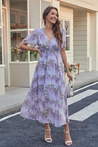 Women's Floral Maxi Dress Flowy V Neck Empire Waist Summer Wedding Guest Party Casual Chiffon Dress