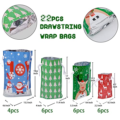 Christmas Gift Bags Assorted Sizes, 22pcs Drawstrings Christmas Bags For Gifts, Presents Wrapping Bags Favor Goody Bags Re...