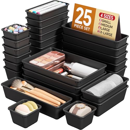 KEMETHY 25 PCS Plastic Drawer Organizers Set, 4 Sizes Vanity Organizer, Makeup and Desk Drawer Organizer Trays, Organizati...