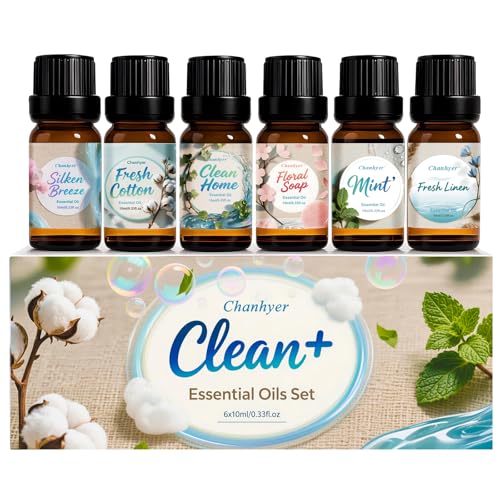 Clean Essential Oils Set 6 x 10ml–Fresh Linen, Mint,Clean Home,Silken Breeze, Fresh Cotton, Floral Soap for Diffuser, Home...