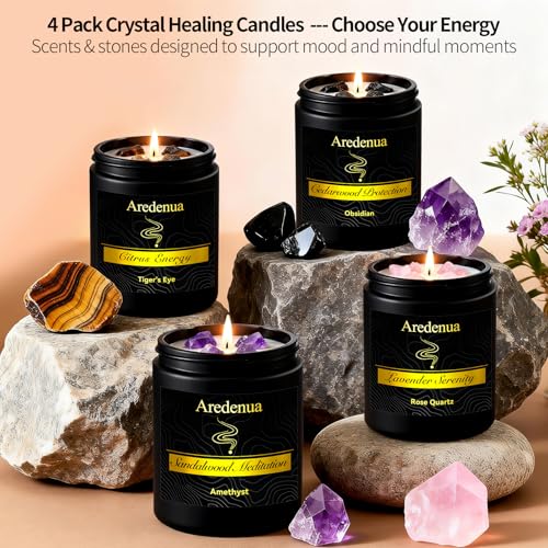 Aredenua Scented Candles Set, 4 Pack Crystal Healing Candles with Rose Quartz Amethyst Tiger Eye Obsidian, 7oz Natural Soy...