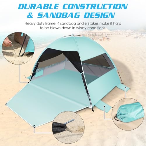 Large Easy Setup Beach Tent,Anti-UV Beach Shade Beach Canopy Tent Sun Shade with Extended Floor & 3 Mesh Roll Up Windows F...