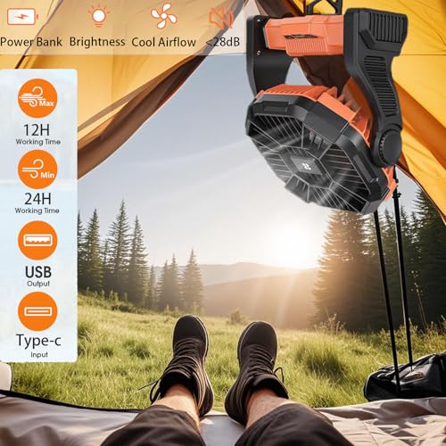 Portable Camping Fan Rechargeable ，Battery Operated Fans with Light 4 Speeds & Hook, USB Rechargeable Outdoor Camping for ...