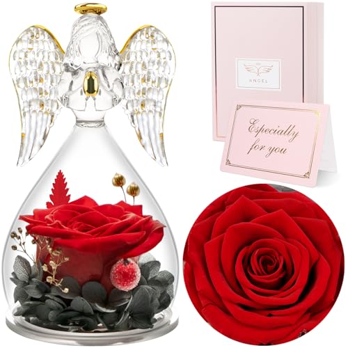 Sunia Gifts for Mom Birthday Gifts for Women, Mothers Day Preserved Real Roses in Glass Angel Figurine Forever Flowers for...