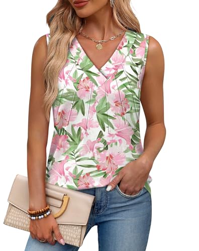 OFEEFAN Tank Tops for Women Loose Fit Sleeveless Shirts V Neck Summer Clothes Ruched Women's Tees and Tanks Straight Hem