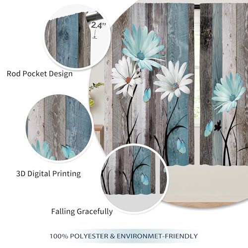 Laifzere Teal Farmhouse Daisy Curtains, Wooden Flower Window Curtains 52x84 Inch for Bedroom Living Room Decor, Rustic Flo...