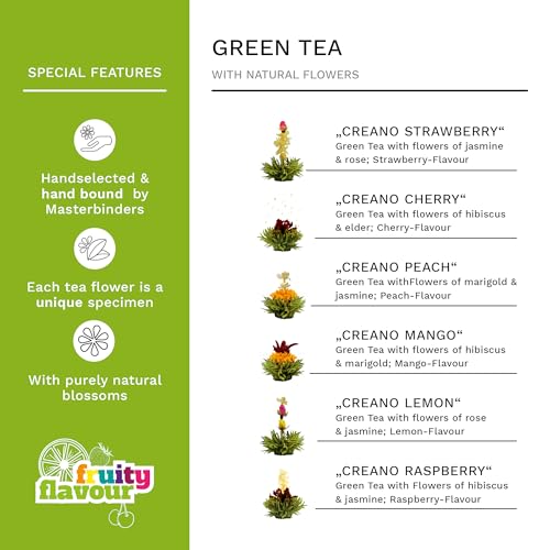 Creano Blooming Tea Gift Set with Glass Teapot 17oz (500ml) - Green Tea Fruity Flavoured Tea Flowers in 6 Varieties - Flow...