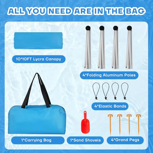 Beach Tent Canopy UPF50+ Protection, 10x10FT Beach Shade Sun Shelter Pop Up with 4 Stability Poles, Sandbags, Sand Shovel...