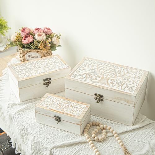 MODE HOME 3 Piece Tree of Life Carved Wooden Keepsake Boxes with Lids, Decorative Storage Boxes for Home decor, Trinket Bo...