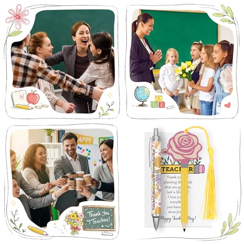 FunooFuno 36 Pcs/12 Sets Teacher Appreciation Gifts Bulk Pencil Shaped Flower Bookmarks with Tassels Mini Notebooks Small ...