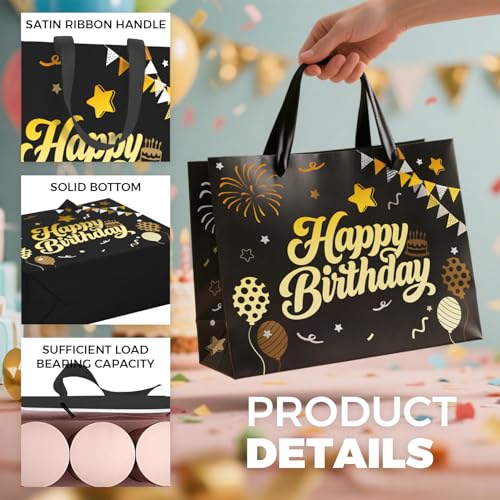13” Black Birthday Gift Bag with Tissue Paper and Greeting Card, Happy Birthday Gift Bags for Party, Hot Foil Stamping Des...