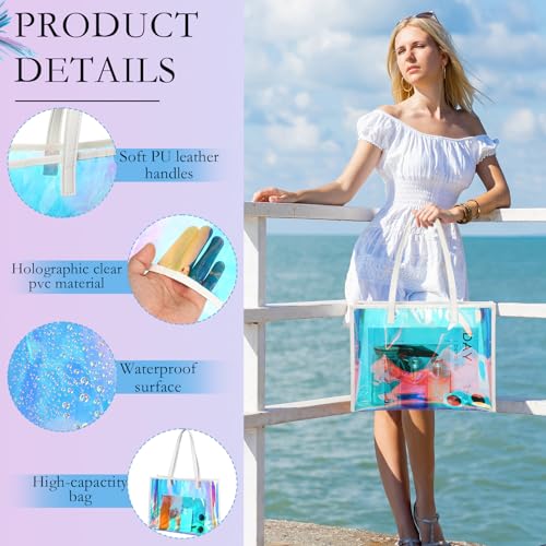 Aliceset Holographic Clear Tote Bag with Leather Handle Iridescent Bachelorette Beach Bag for Work Stadium Travel | with L...