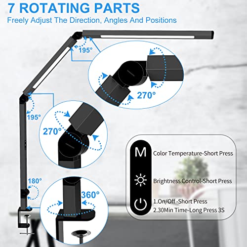 LED Desk Lamp with Clamp, Architect Desk Lamp with Dual Light and Adjustable Swing Arm, Clip-on Eye-Care 4 CCT Modes & 5 B...