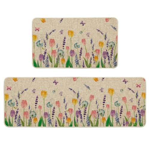 Artoid Mode Lavender Tulip Spring Kitchen Mats Set of 2, Seasonal Flower Summer Home Decor Low-Profile Kitchen Rugs for Fl...