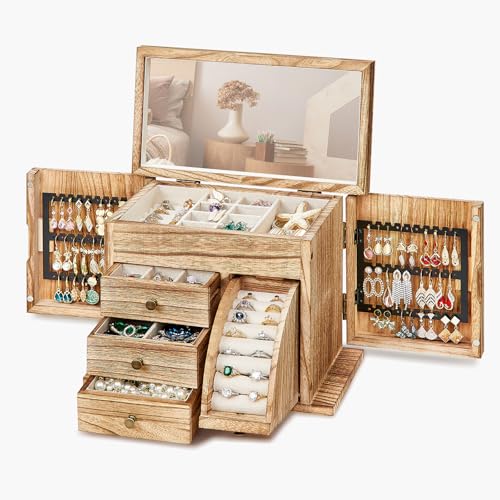 Poyilooo Jewelry Box Organizer, Solid Wood Jewelry Boxes fow Women with Mirror, Double Layer Jewelry Organizer Box Display...