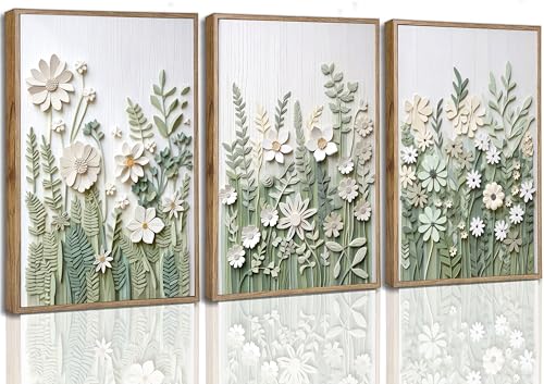 3 Pcs Sage Green Wildflowers Canvas Wall Art Neutral Minimalist Abstract Boho Floral Botanical Painting Pictures Wall Deco...