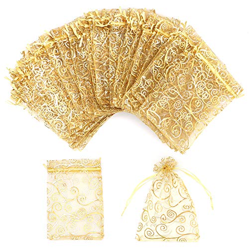 Staruby Organza Gift Bags 100Pcs Gold Sheer Organza Bag 4x6 Inch Mesh Favor Bags Drawstring Jewelry Rattan Printed Gift Po...