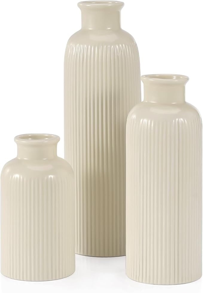 Small Beige Ceramic Vase Set of 3, Boho Modern Beige Flower Vase Room Decor, Farmhouse Decor, Vases for Your Kitchen, Bath...