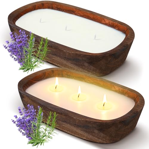 Threlaco 2 Pack Wood Dough Bowl Candle Jar Candle Decorative with Wick Scented Candles Soy Gifts for Men Women Farmhouse T...
