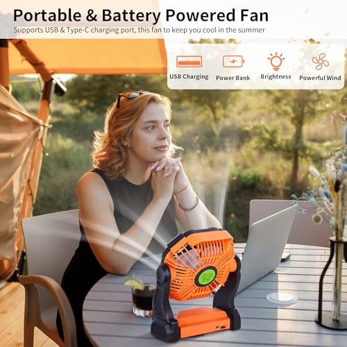 TDLOL Portable Fan Rechargeable Battery Powered Fan,270°Pivot Cordless Battery Operated Camping Fans with LED Light & Hoo...