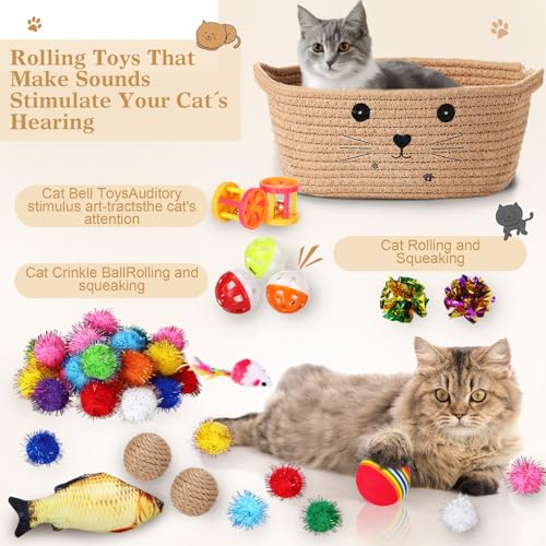 Zopeal 58 Pcs Mother’s Day Cat Storage Basket Gift Toys Set, Colorful Flashing Balls Pet Bell Crinkle Balls Spring Toys At...