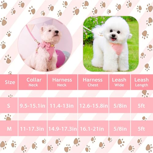 Cute Small Dog Harness Collar and Leash Set with Detachable Bowtie, Adjustable Dog Harness Collar and Leash Set with Secur...