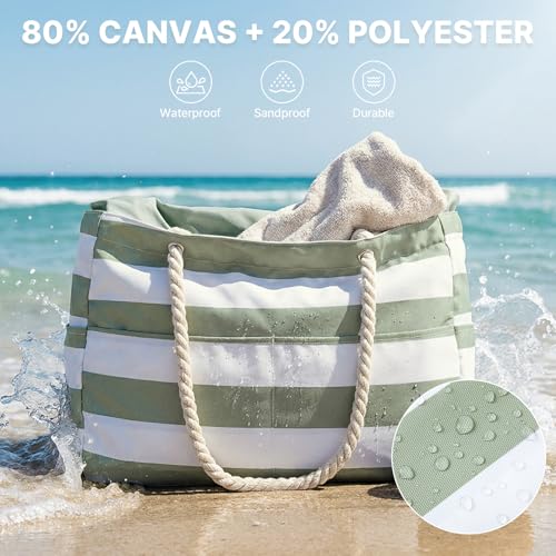G4Free Canvas Beach Bag Waterproof Sandproof Large Beach Tote Bags for Women Pool Swim Travel Grocery