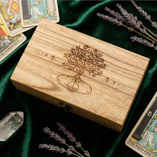 Trinket Box with Lock- Hand-Engraved Tree of Life Keepsake Box, 7.8" Vintage Wood Storage Box Jewelry Box for Crystals, Je...
