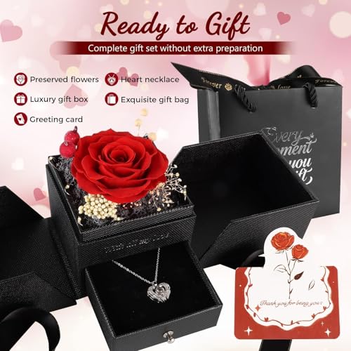 TranquilBliss Gifts for Mom, Preserved Real Red Rose Gift Box with Heart Necklace,“I Love You” in 100 Languages, I Love Yo...
