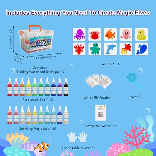 Kiditos Magic Water Elf Toy Kit – Squishies for Kids, 20 Gels & 10 Molds, Magic Gel Water Pets Sensory DIY Craft Kit, Part...