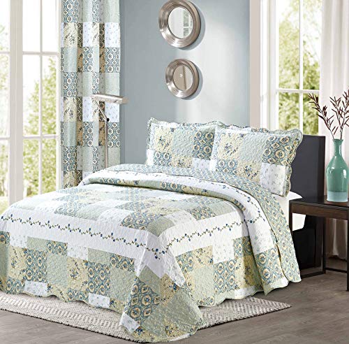 All American Collection New Reversible 3pc Floral Printed Patchwork Blue/Green Bedspread/Quilt Set Matching Curtains Avail...