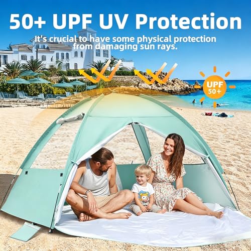 NHOWIN Beach Tent for 3-4 Person, Large Easy Setup Beach Shade Canopy with UPF 50＋ UV Protection, Portable Shade Tent with...