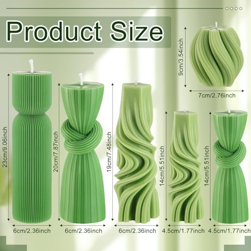 Threlaco 6 Pcs Ribbed Pillar Candles Modern Aesthetic Ribbed Decorative Candle Set Cute Soy Wax Scented Decor for Home(Green)