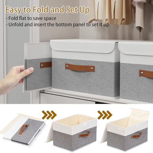 Yawinhe Storage Boxes with Lids, Linen Fabric Bin, Cube Organizer Basket, Washable and Leather Handle, for Home, Closet, W...