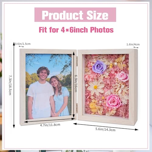 5x7'' Shadow Box Picture Frame Double Photos with Preserved Flowers, Real Floral Deep Wood Shadow Box Display Case Desktop...